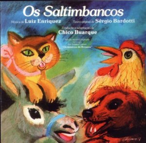 Capa do CD Os Saltimbancos - Pintura de uma gata, um burro, um cachorro e uma galinha.