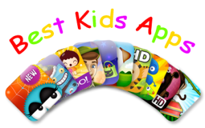 Desenhos com as apps mais populares e o texto em cima em arco, Best Kids Apps em letras coloridas